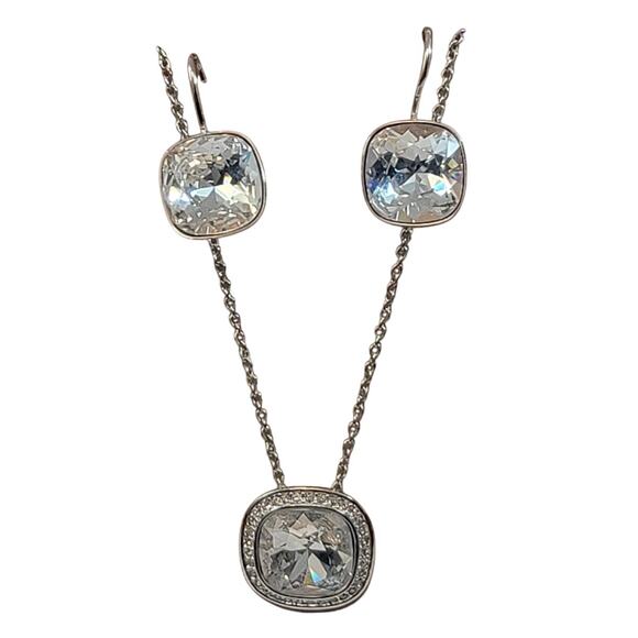 Vintage Sterling Silver Necklace & Earrings Set with Cushion-Cut CZ Halo Design